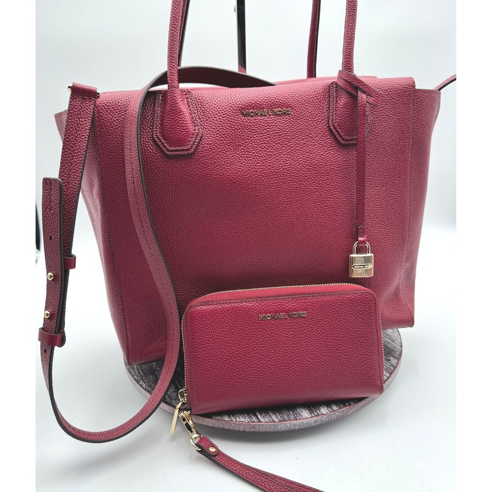 Michael Kors Mercer Large Tote Bag Pebbled Leather Crossbody Wallet Set Cherry